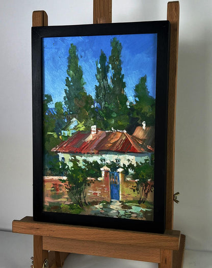 Oil painting of village courtyard with rustic house by Yuriy Suprunchuk