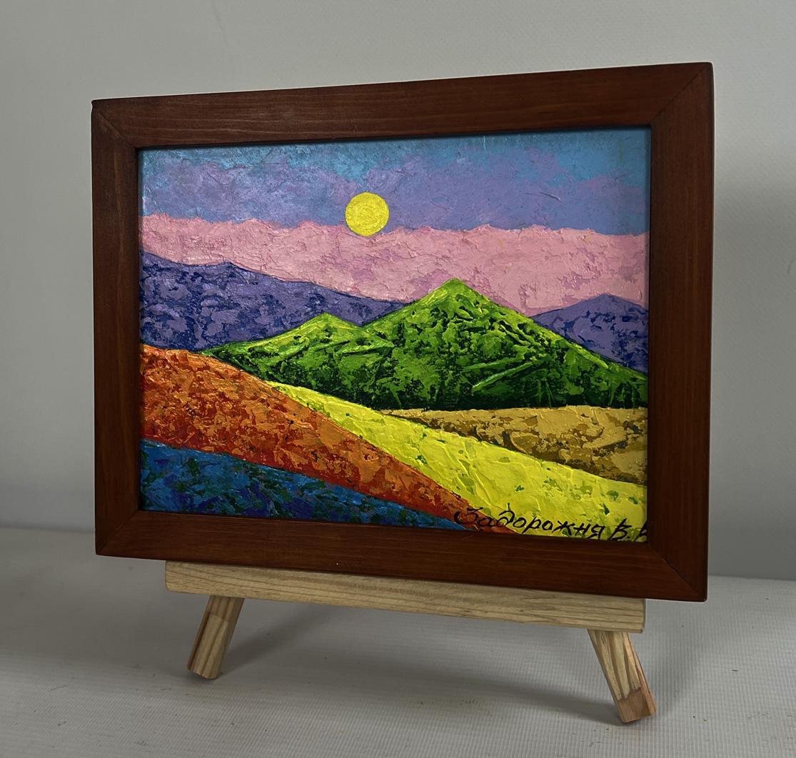 Oil painting Symphony of Sunset Over the Mountains by V. Zadorozhnya in wooden frame