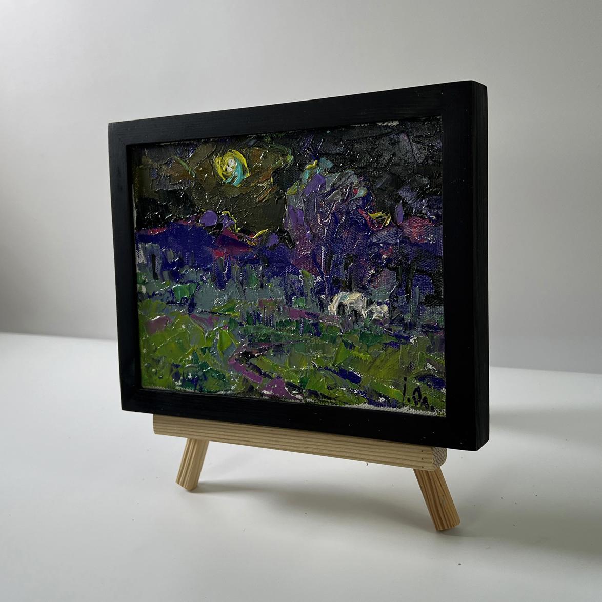 Oil painting Bright blue night by Oleksiy Ivanyuk on wood easel