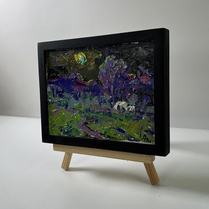 Oil painting Bright blue night by Oleksiy Ivanyuk on wood easel