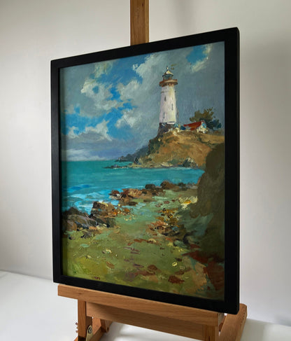 Oil painting Coast with a lighthouse by Yuriy Suprunchuk: white lighthouse on cliff