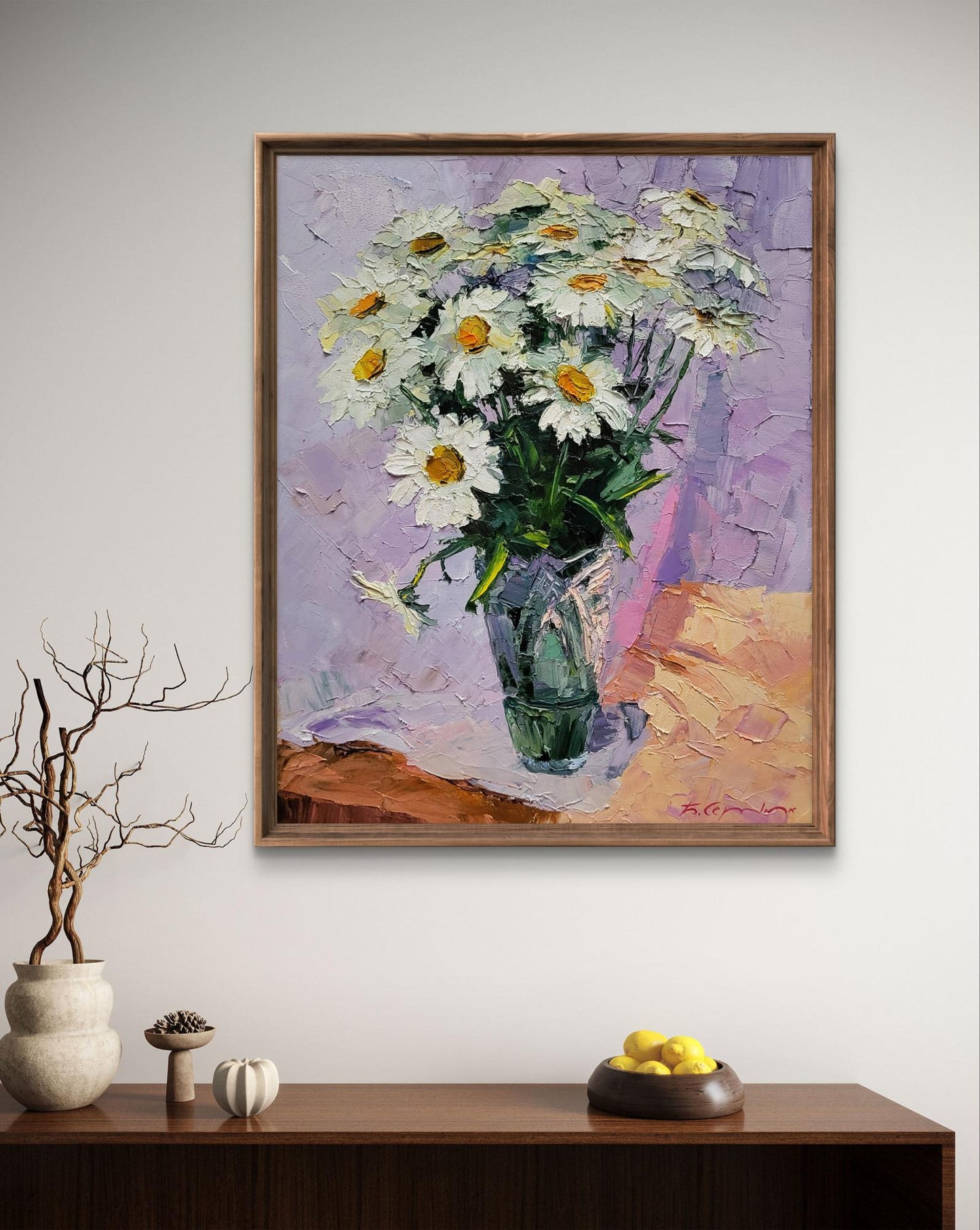 Oil painting Bouquet of daisies by Boris Serdyuk, white daisies in green vase