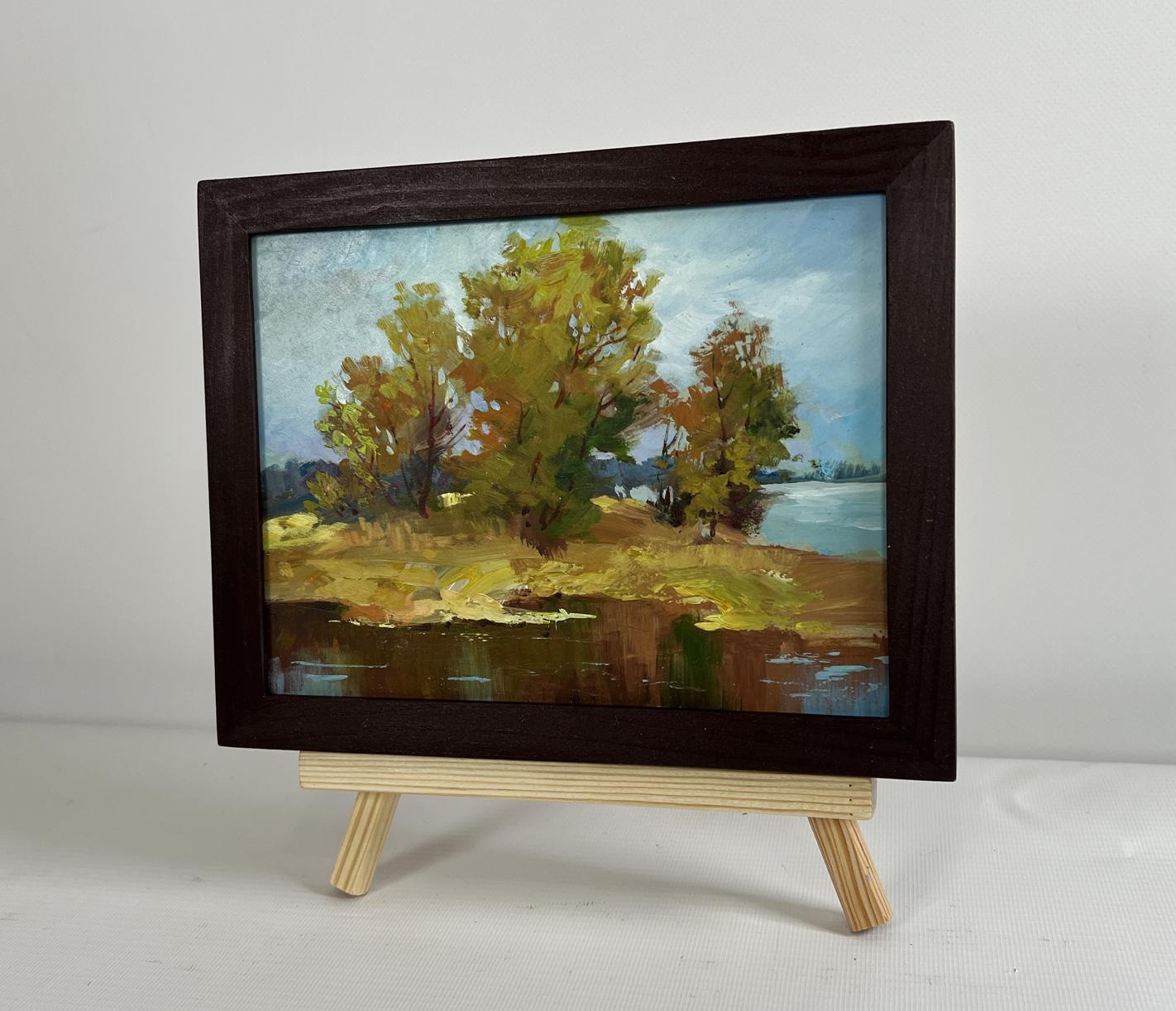 Oil painting Autumn melancholy by Yuriy Suprunchuk, autumn trees by waterway