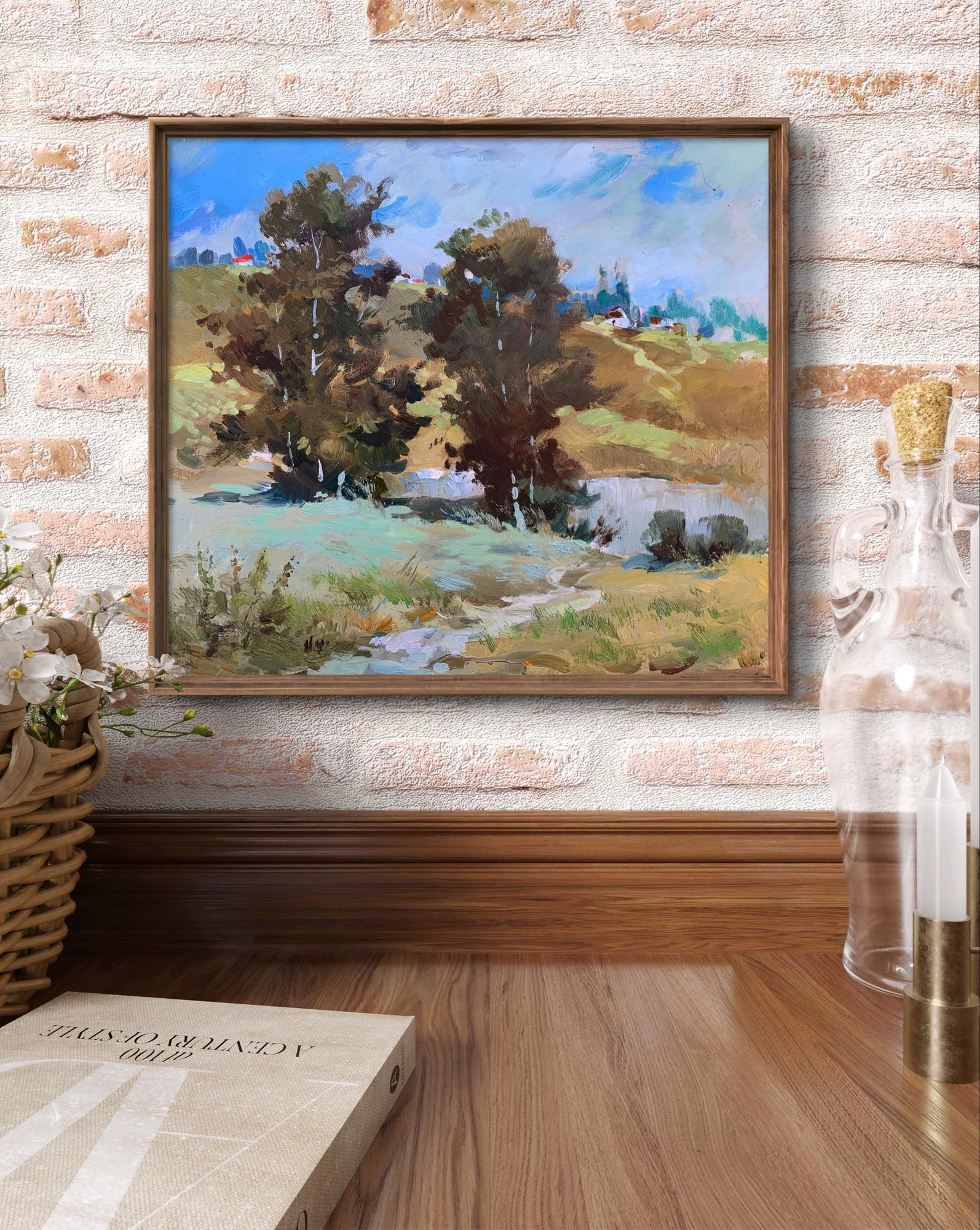 Framed oil painting of village pond by Yuriy Suprunchuk