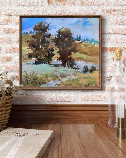 Framed oil painting of village pond by Yuriy Suprunchuk