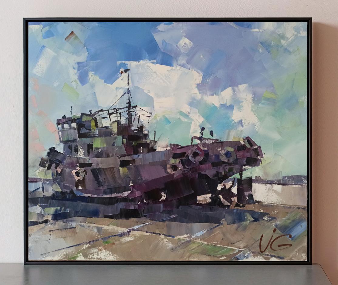 Framed Oil painting Always strong Volodymyr Gluhomanyuk purple blue ship