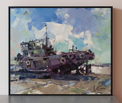 Framed Oil painting Always strong Volodymyr Gluhomanyuk purple blue ship
