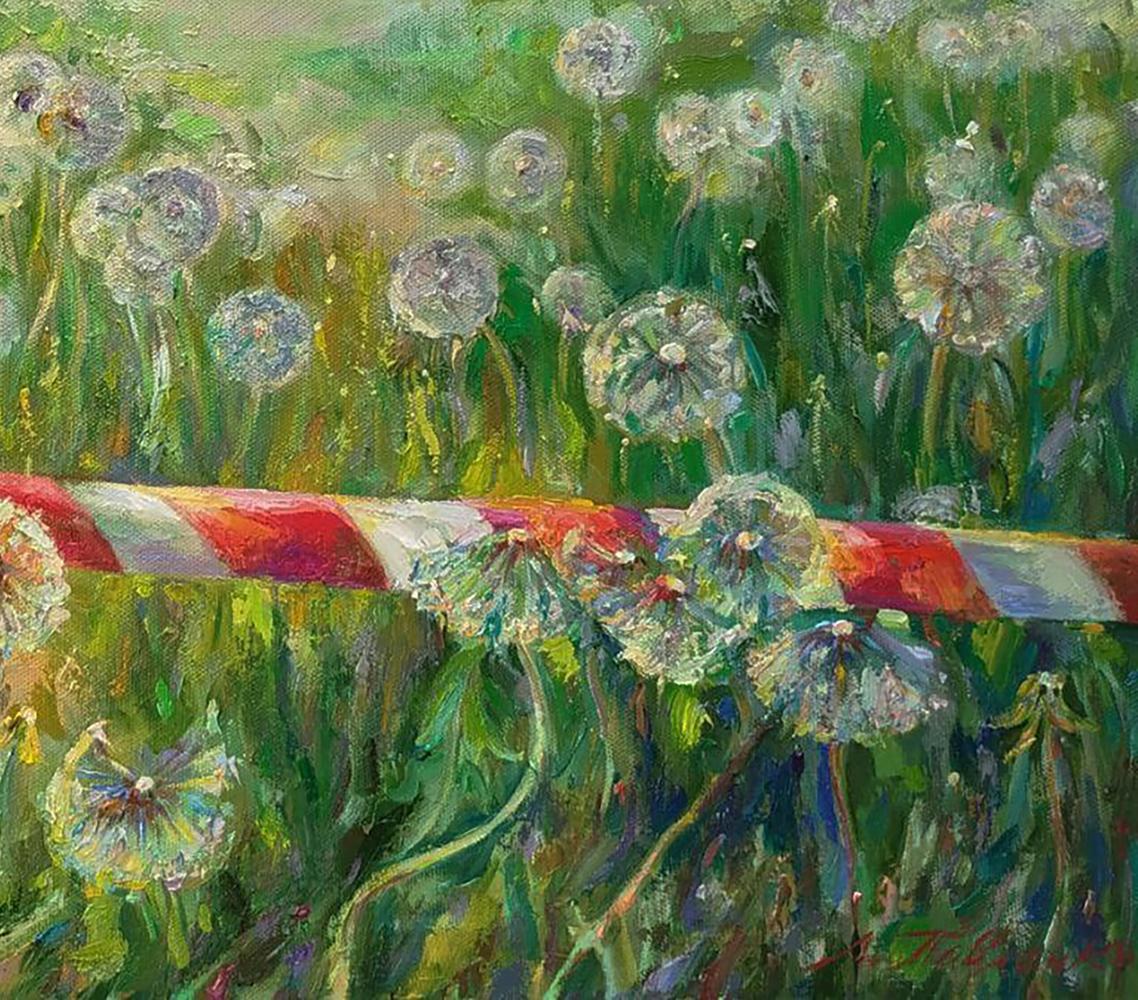 Vibrant oil painting of dandelions in field by Leonid Pavlenko