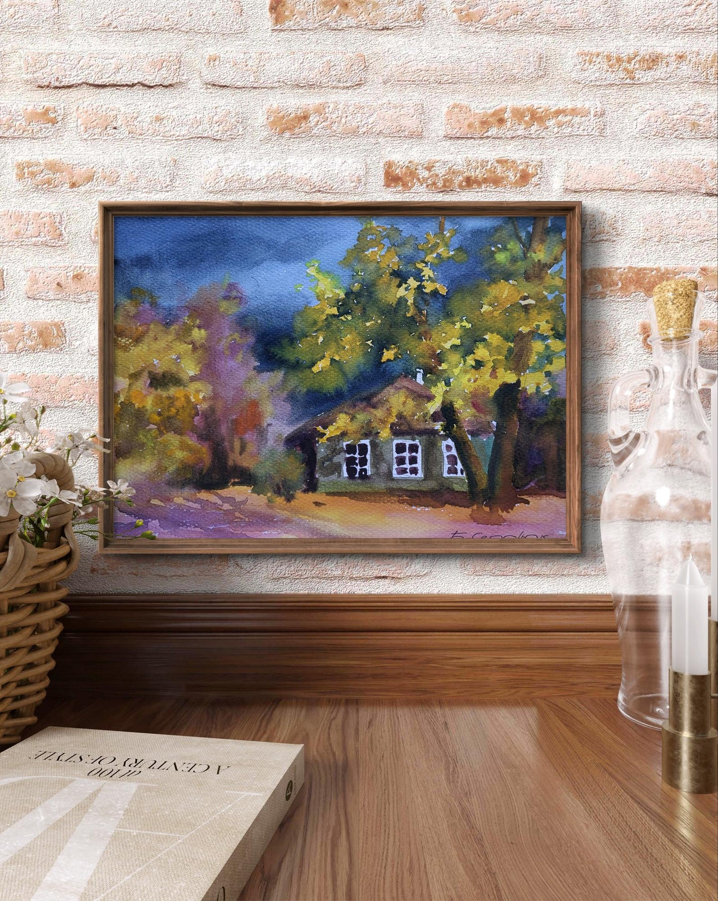 Framed watercolor Leaves at the Doorstep by Boris Serdyuk cozy autumn cottage