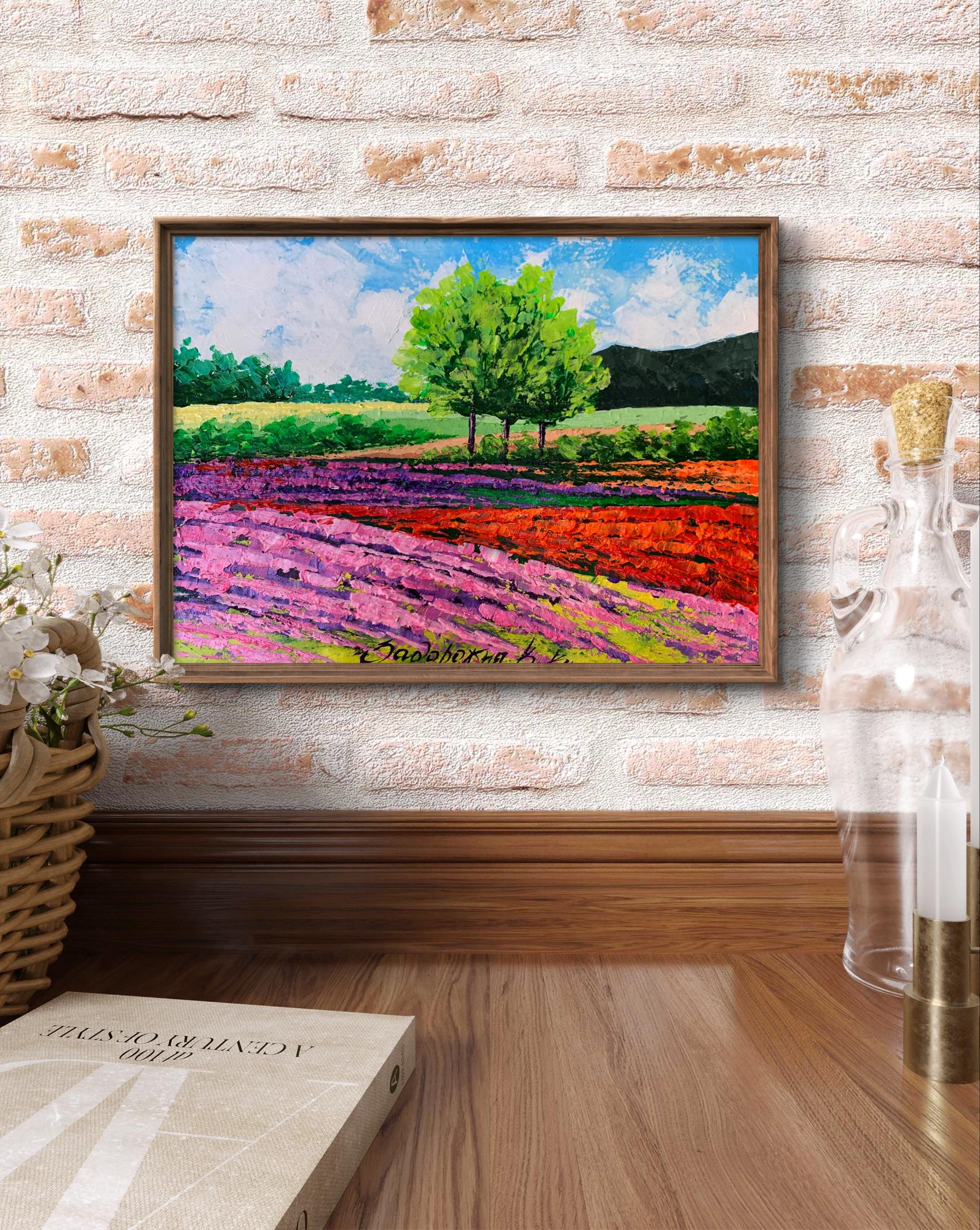 Oil painting of flower fields near mountains by V. Zadorozhnya in wood frame