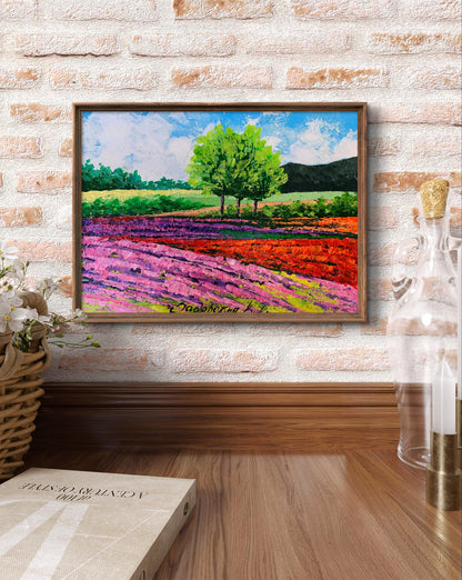 Oil painting of flower fields near mountains by V. Zadorozhnya in wood frame