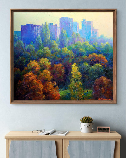 Oil painting Morning in the city by Boris Serdyuk vibrant autumn cityscape
