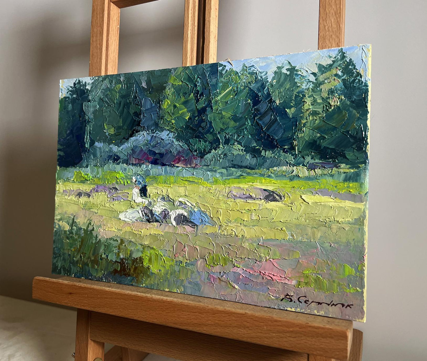 Oil painting Preparing for Winter by Boris Serdyuk: textured green trees and pastel field