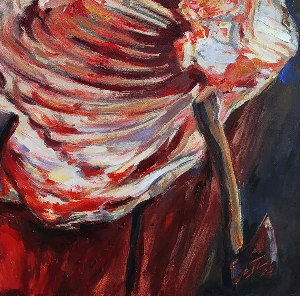 Vibrant abstract oil painting of meat torso by Leonid Pavlenko