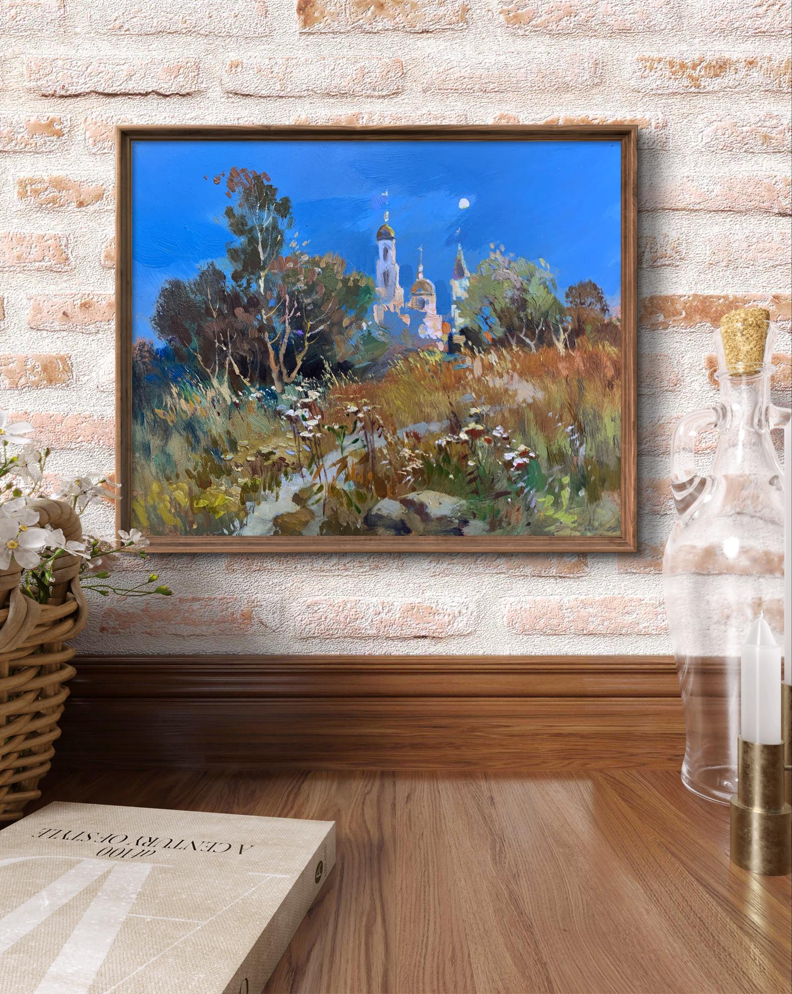 Oil painting by Yuriy Suprunchuk: moonlit church spires in blue sky among trees