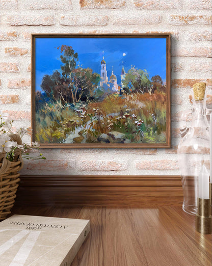 Oil painting by Yuriy Suprunchuk: moonlit church spires in blue sky among trees