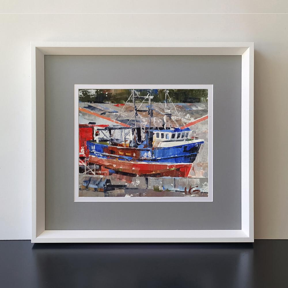 Oil painting of blue red boat in city port by Volodymyr Gluhomanyuk