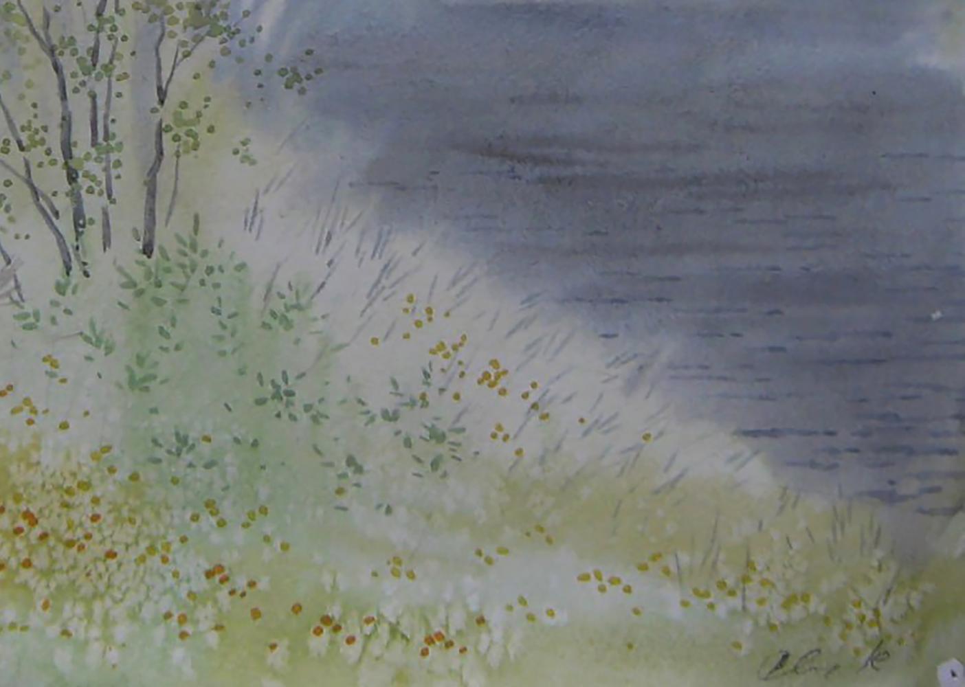 Watercolor Spring River Fog lakeside by Valery Savenets