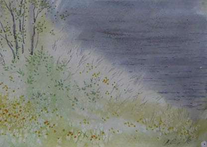 Watercolor Spring River Fog lakeside by Valery Savenets