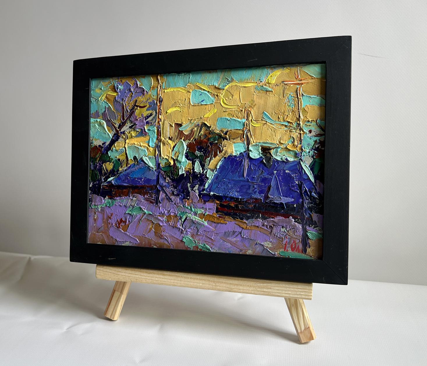Oil painting Cold evening in the village by Oleksiy Ivanyuk in black frame