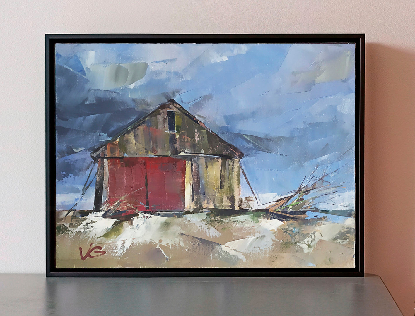 Framed Oil painting Seasonal wind by Volodymyr Gluhomanyuk rustic barn red doors blue sky