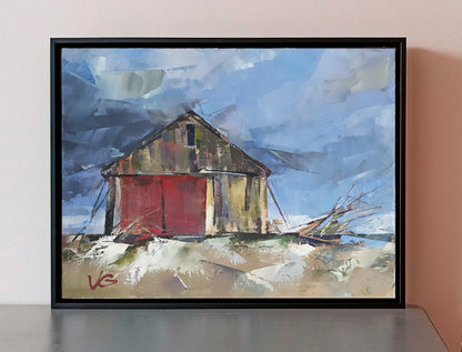 Framed Oil painting Seasonal wind by Volodymyr Gluhomanyuk rustic barn red doors blue sky