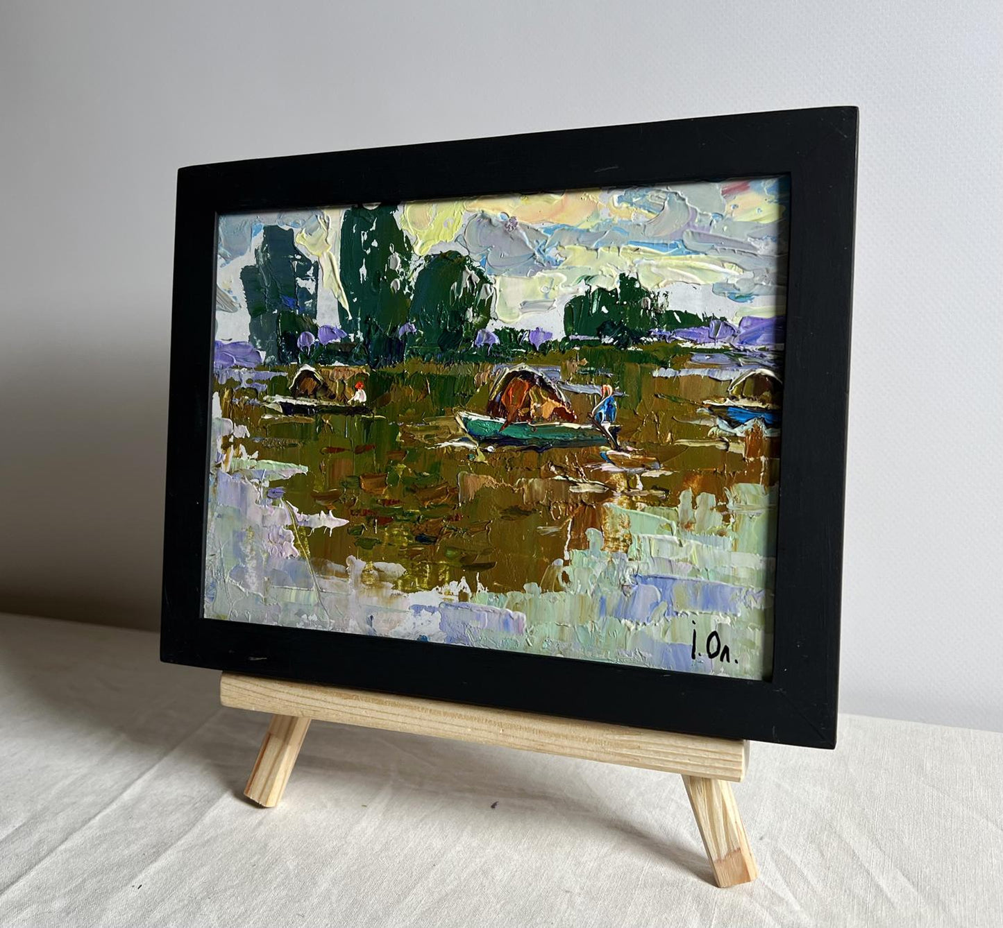 Oil painting Hay transportation by boats by Oleksiy Ivanyuk, impasto landscape signed i