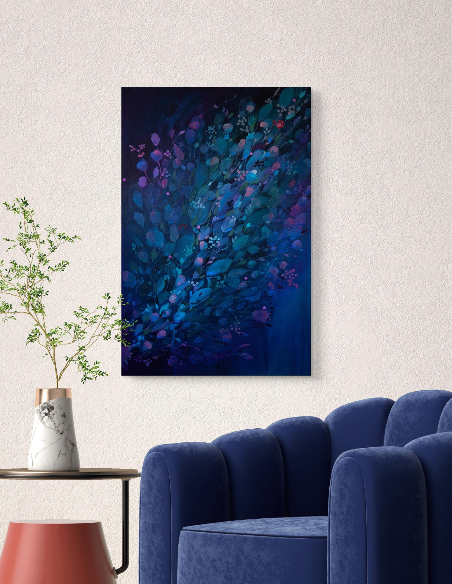 Oil painting Swan Victoria Kagalovska vibrant abstract floral in blues purples pink textured canvas