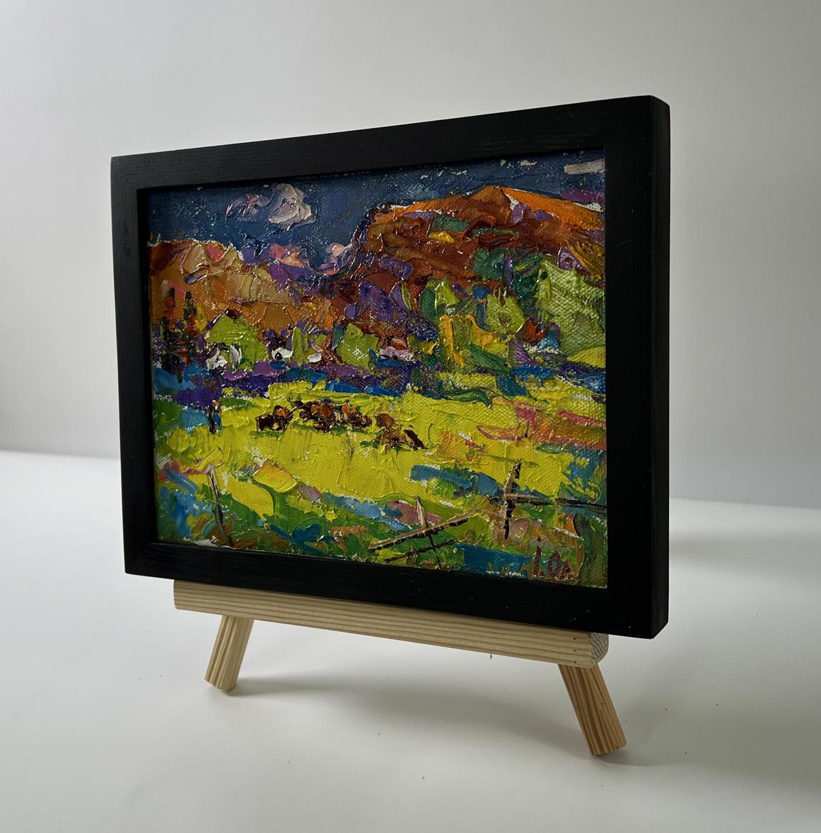 Oil painting Meadows near the mountains by Oleksiy Ivanyuk in black frame