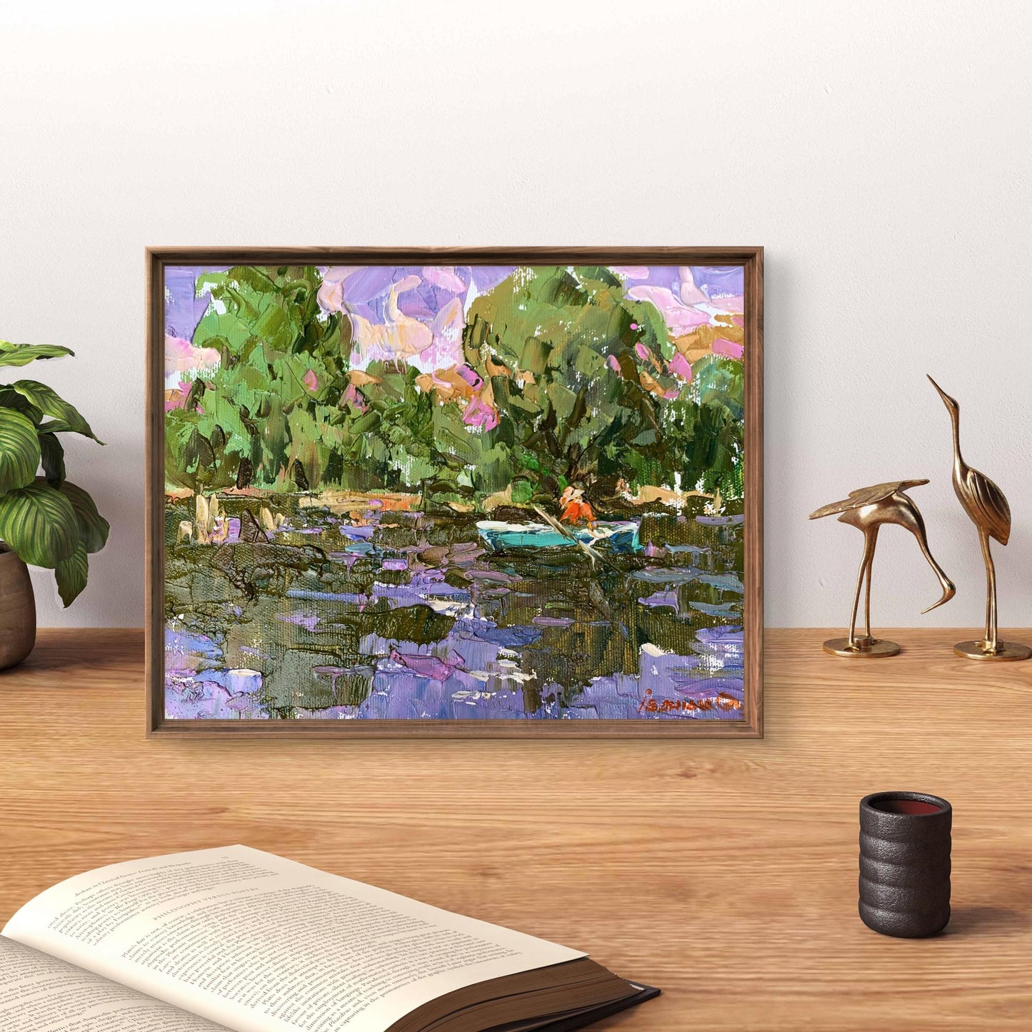 Framed Oil painting Summer fishing by Oleksiy Ivanyuk, vibrant green landscape