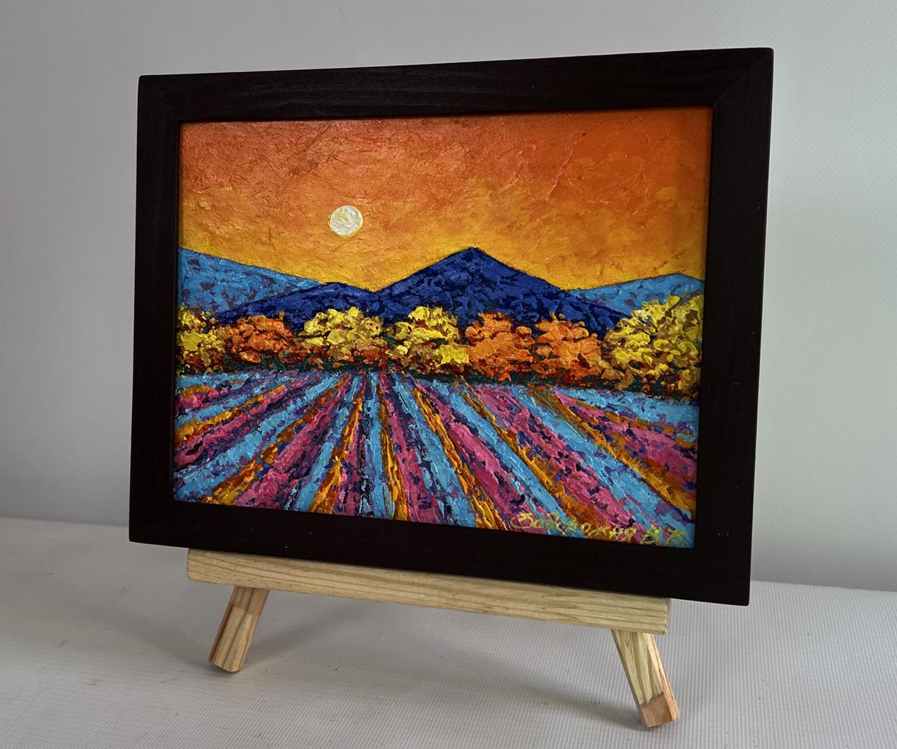 Vibrant oil painting of lavender field under orange sunset sky by V. Zadorozhnya