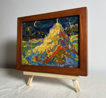 Oil painting The Young Moon by Oksana Ivanyuk, starry mountain in wood frame