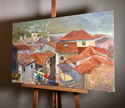 Oil painting Streets of the town Tatyana Derdey on wooden easel