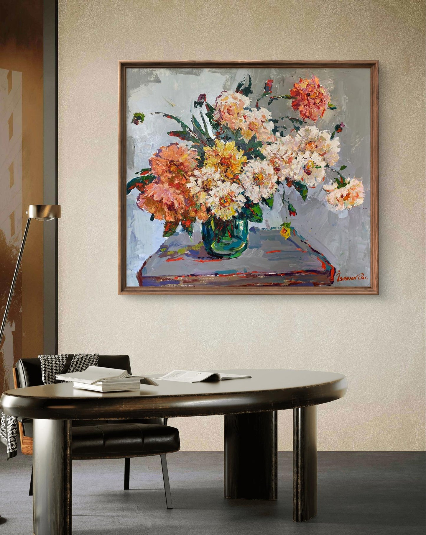 Oil painting of autumn dahlias and peonies by Oksana Ivanyuk in wooden frame