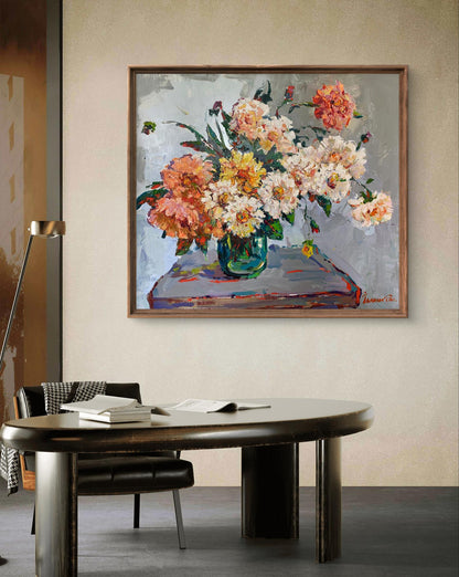 Oil painting of autumn dahlias and peonies by Oksana Ivanyuk in wooden frame