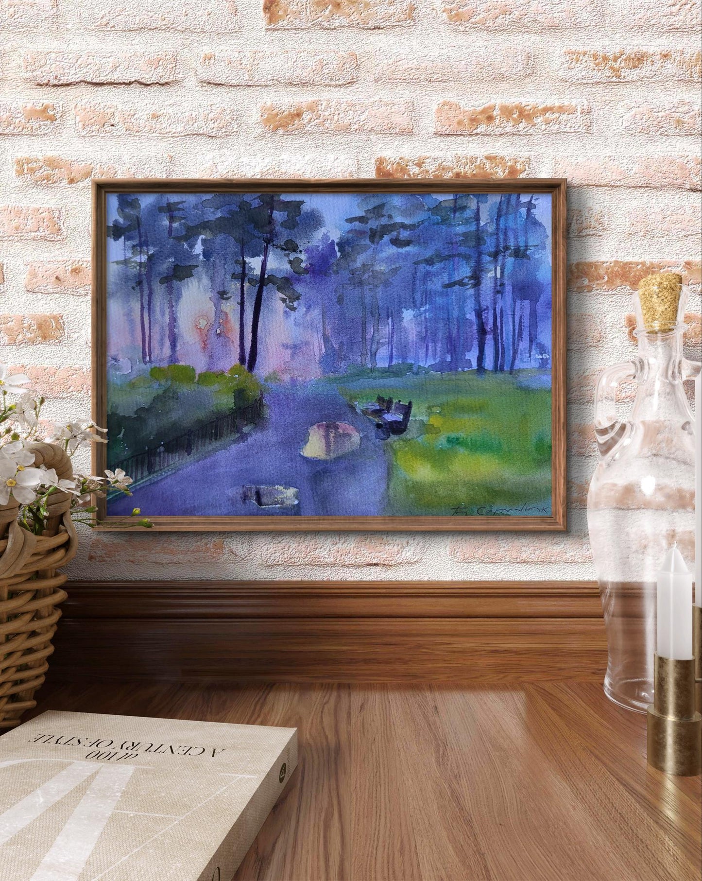 Framed watercolor Morning after rain by Boris Serdyuk forest path