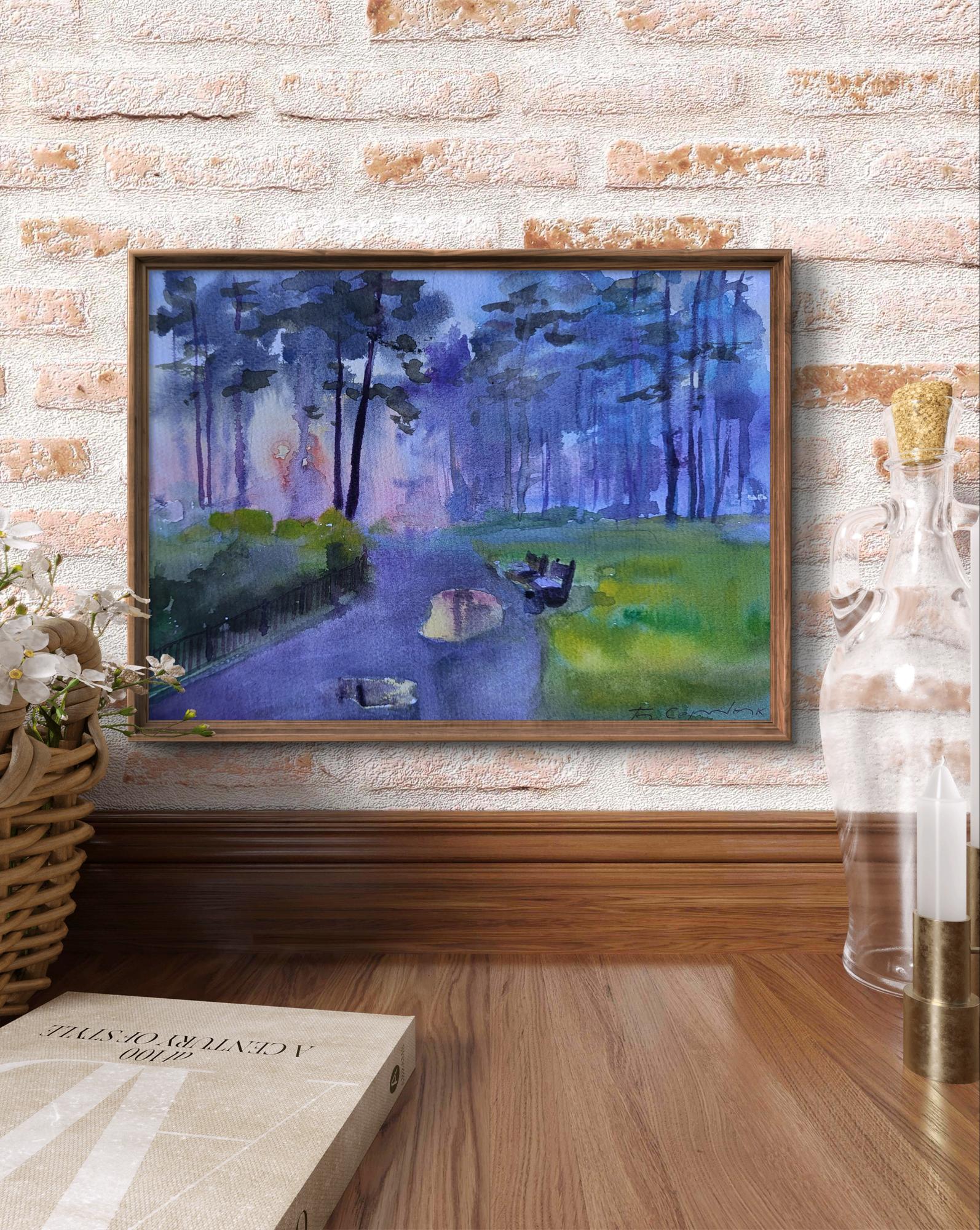 Framed watercolor Morning after rain by Boris Serdyuk forest path