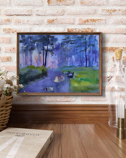 Framed watercolor Morning after rain by Boris Serdyuk forest path