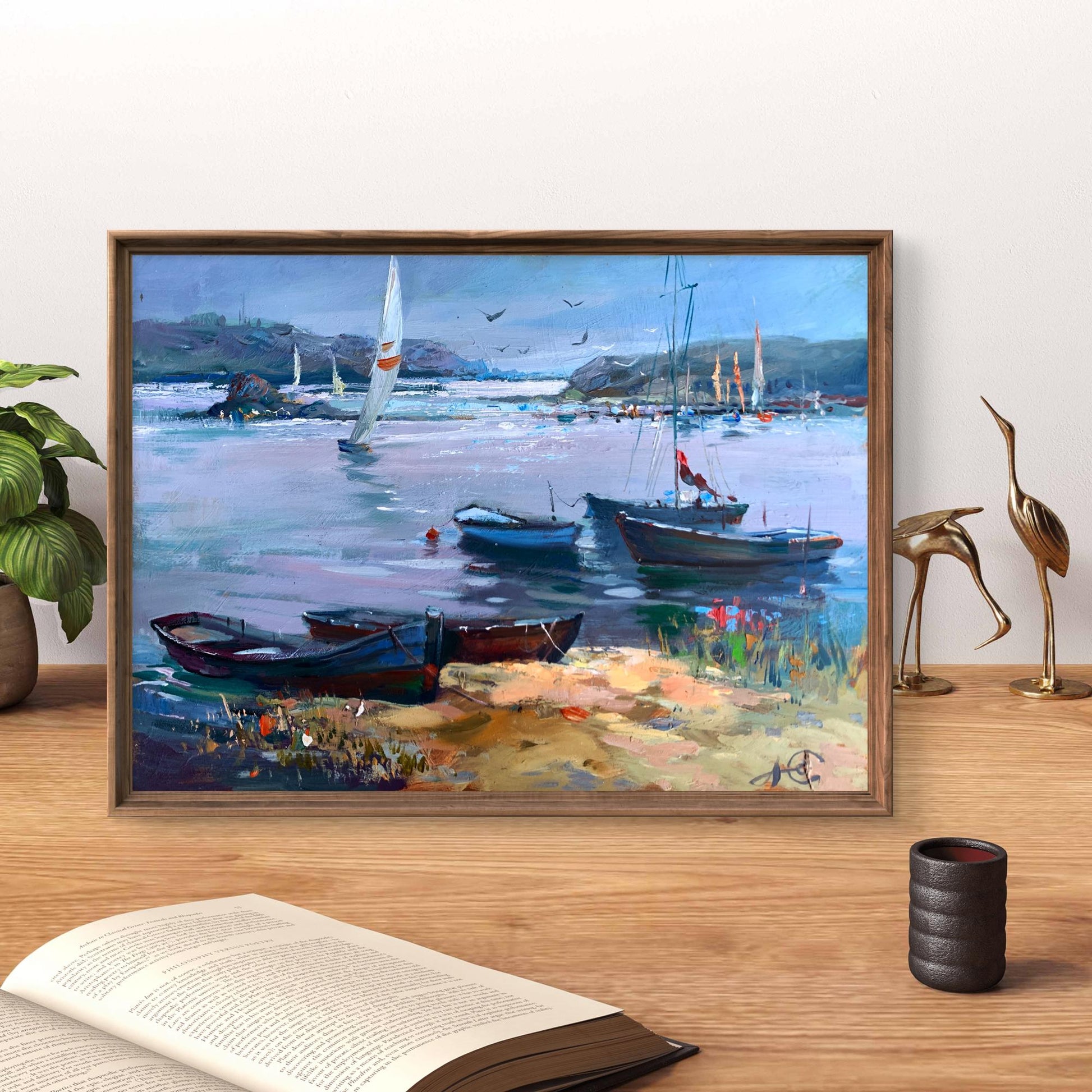 Framed impressionistic oil painting of harbor sailboats by Yuriy Suprunchuk