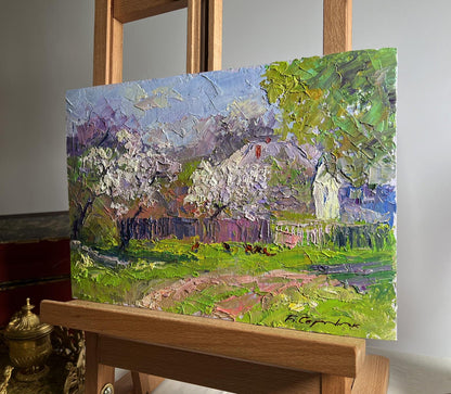 Vibrant impressionist oil painting of cherry blossoms by Boris Serdyuk