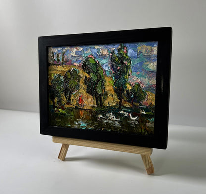 Oil painting Over the River by Oksana Ivanyuk: green trees, red figure, birds