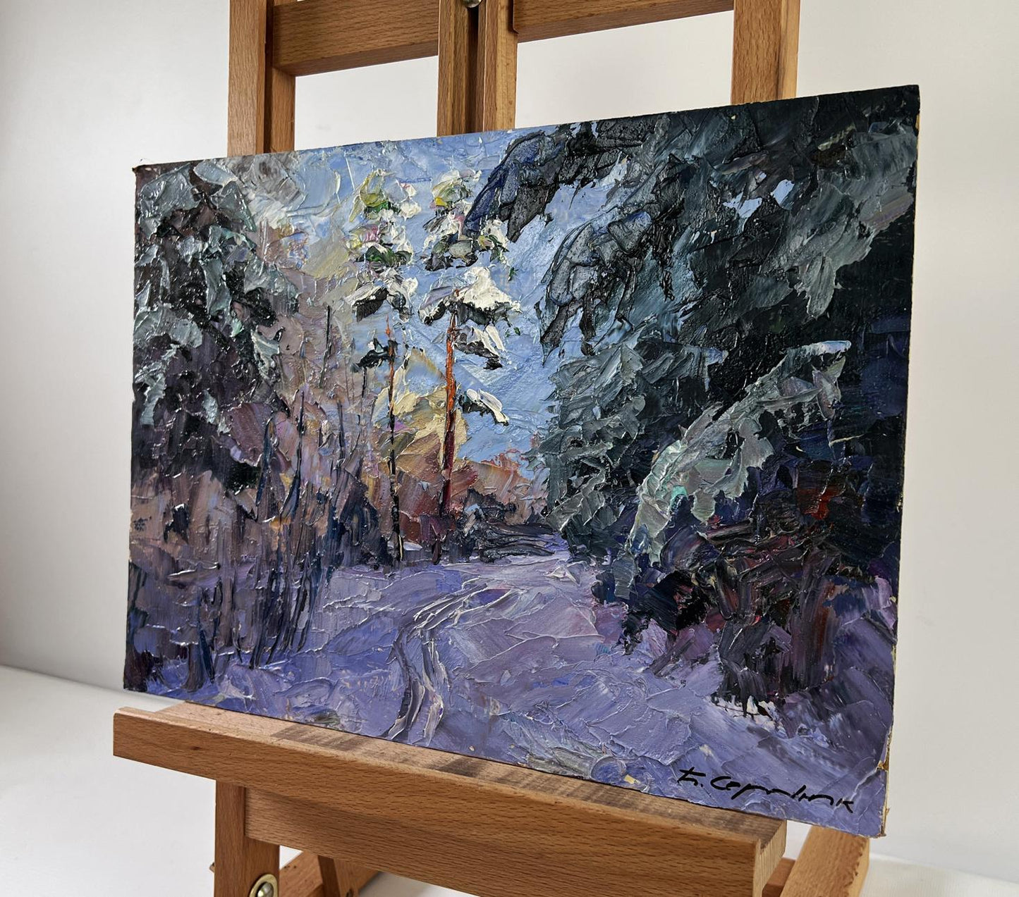 Oil painting Among the Winter Trees by Boris Serdyuk, impasto winter landscape