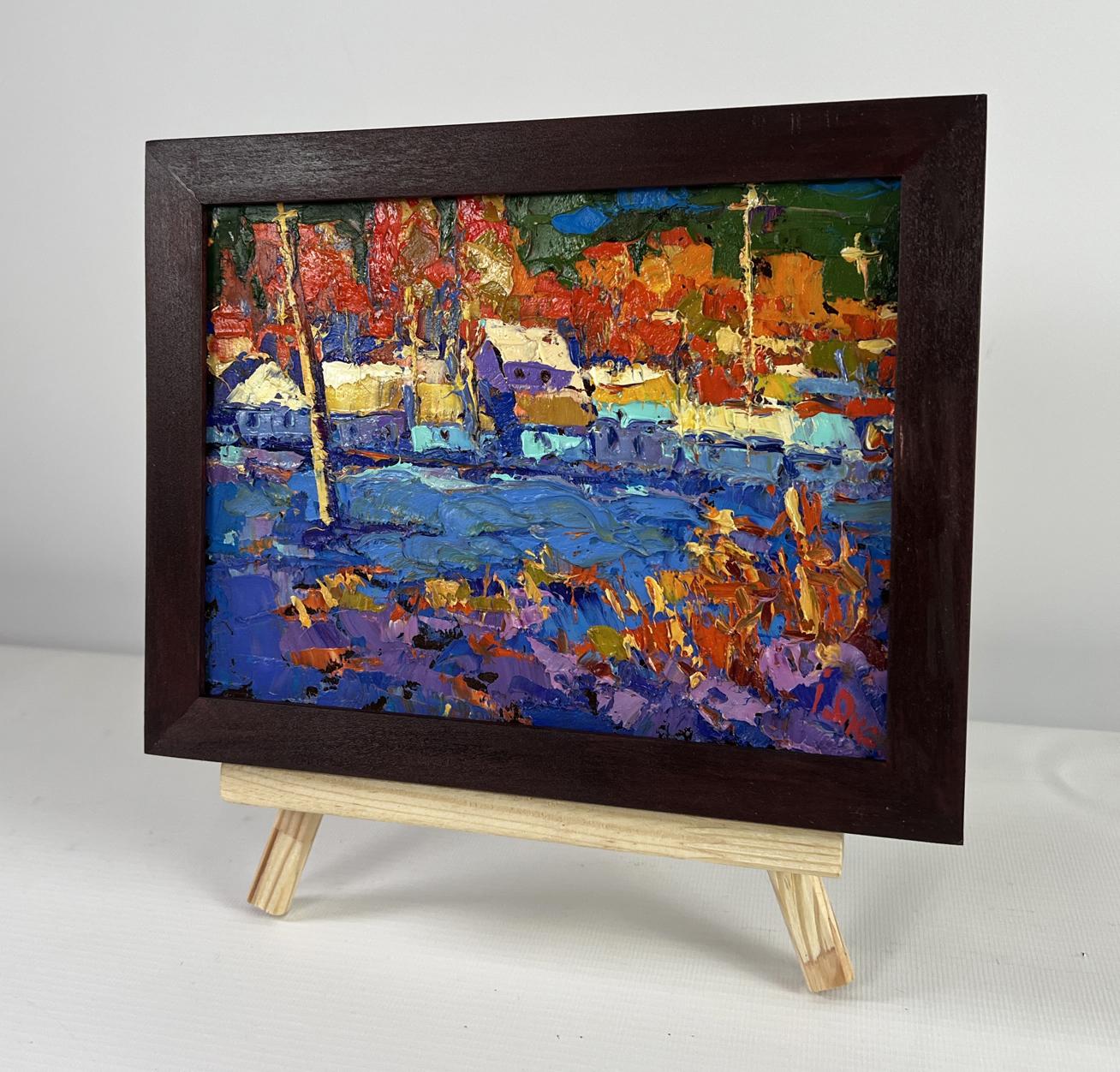 Vibrant Oleksiy Ivanyuk oil painting of sunset autumn trees in dark wood frame