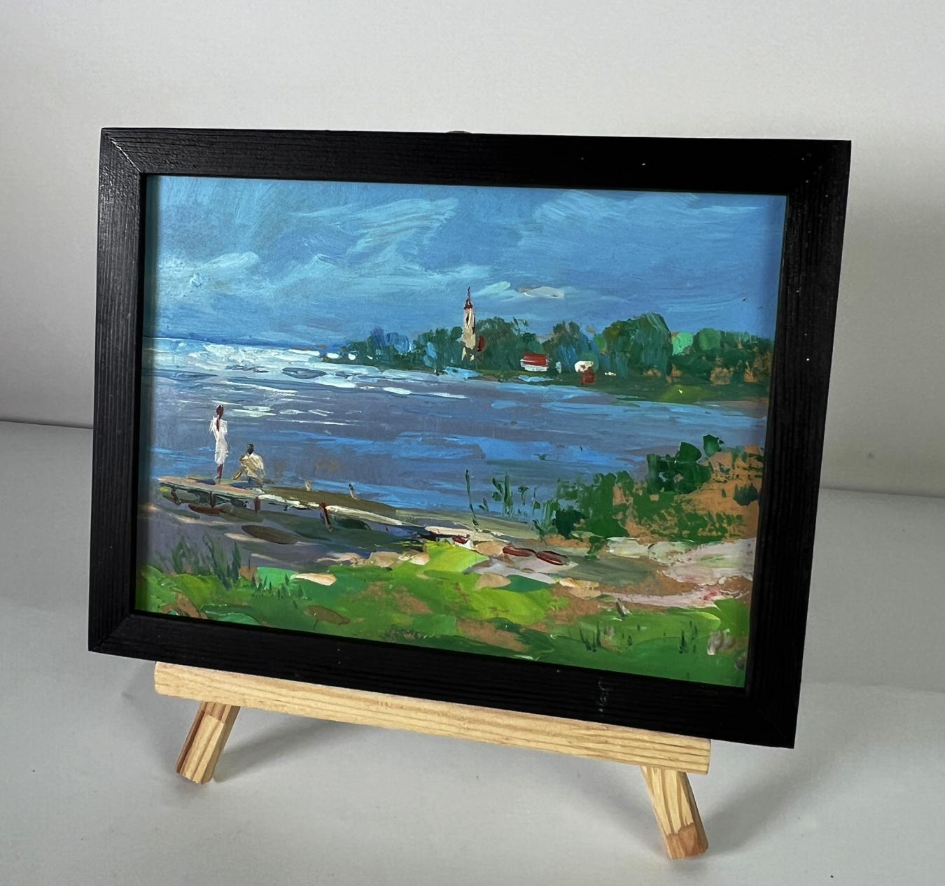 Framed Oil Painting Bridge by the River by Yuriy Suprunchuk lakeside scene