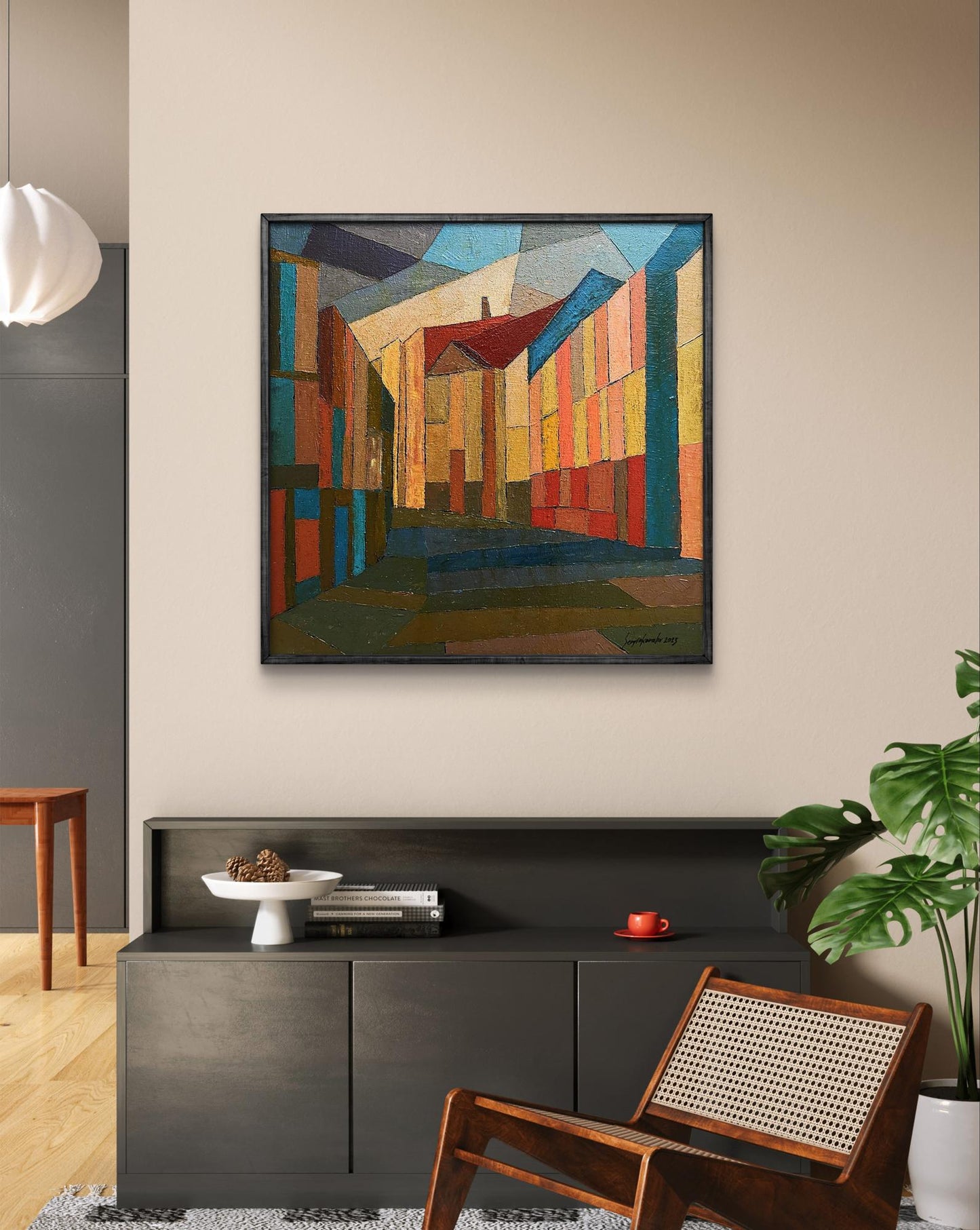 Oil painting Old houses by Serhiy Kovalev in black frame
