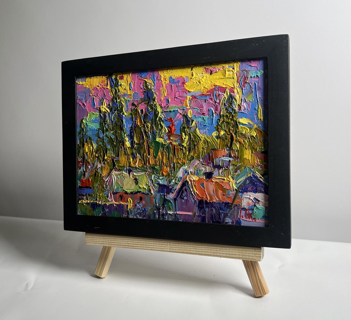 Vibrant oil painting Yellow rays of sunset by Oleksiy Ivanyuk in black frame