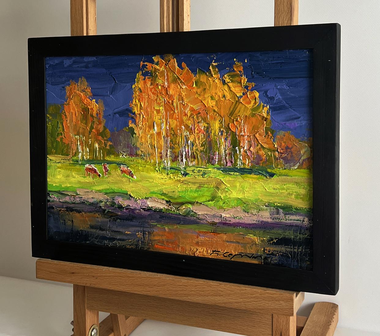 Oil painting Autumn on the shore river by Boris Serdyuk in black frame