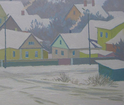 Oil painting of snow-covered village by Valery Savenets