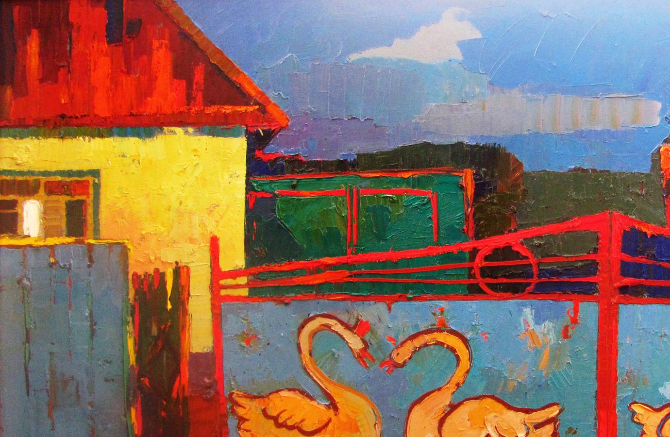 Vibrant orange swans on blue fence oil painting by Natalia Korf-Ivaniuk