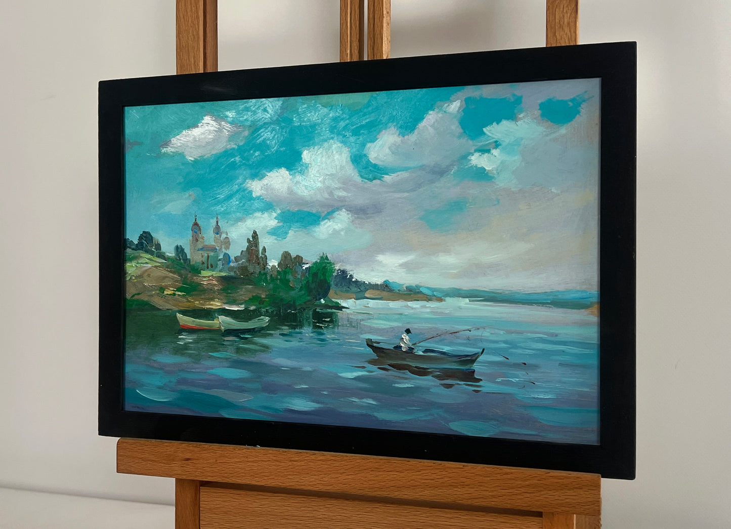 Oil painting Summer quiet fishing by Yuriy Suprunchuk in black frame